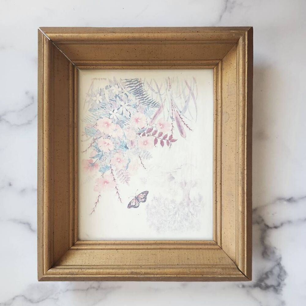 Gloria Erikson vintage framed botanical floral butterfly pastel print thick chun